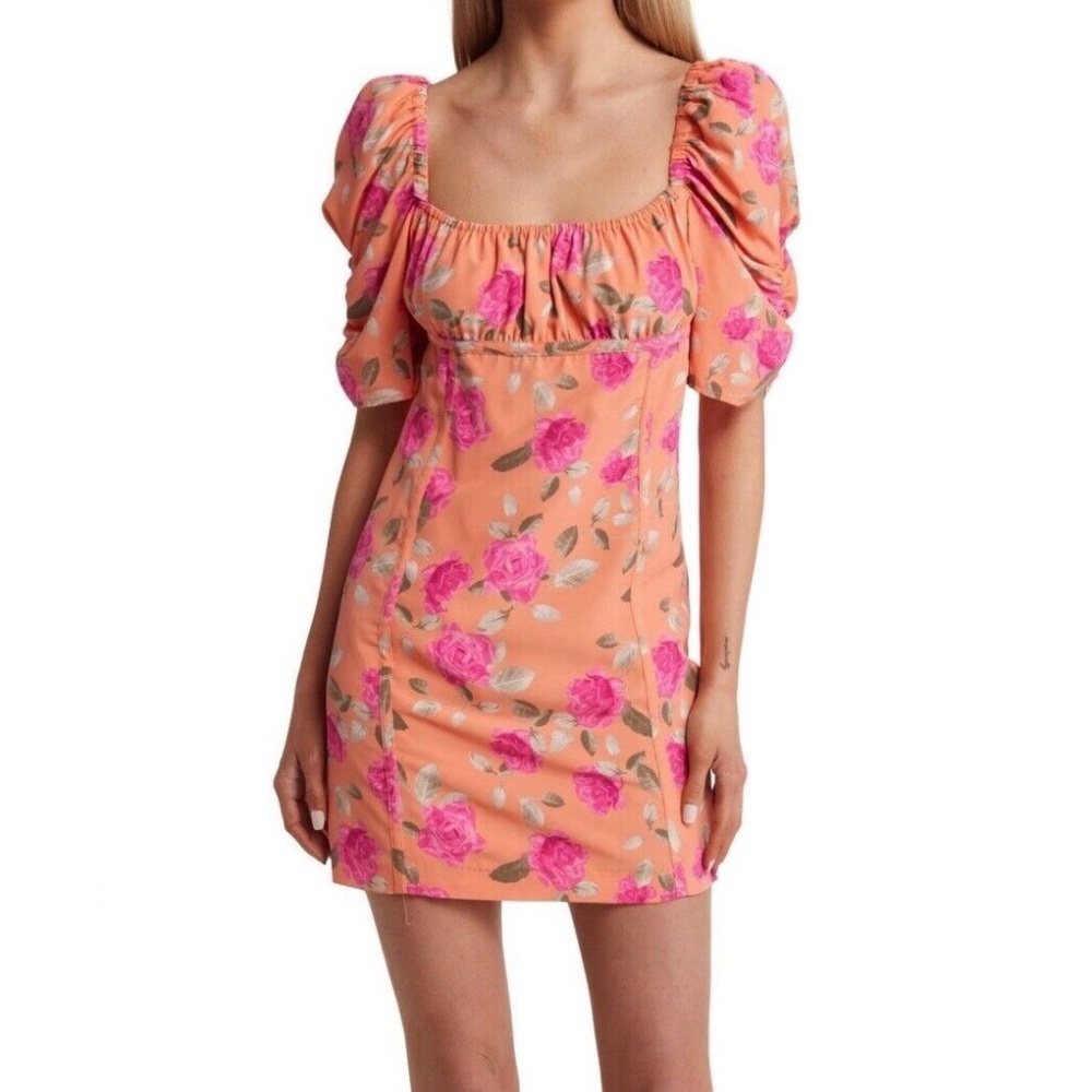 Wayf Peach Mini Dress with Pink Floral Print